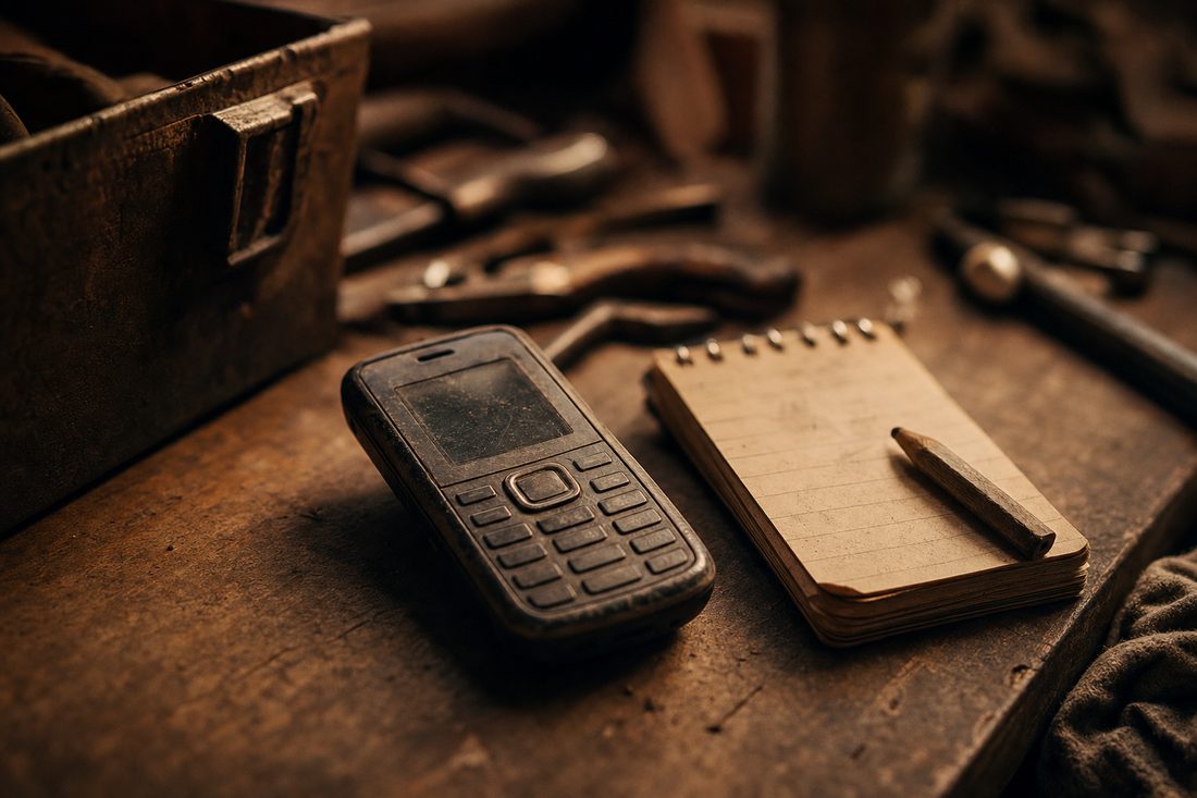 A worn work phone and a handwritten notepad resting on a workbench under warm light