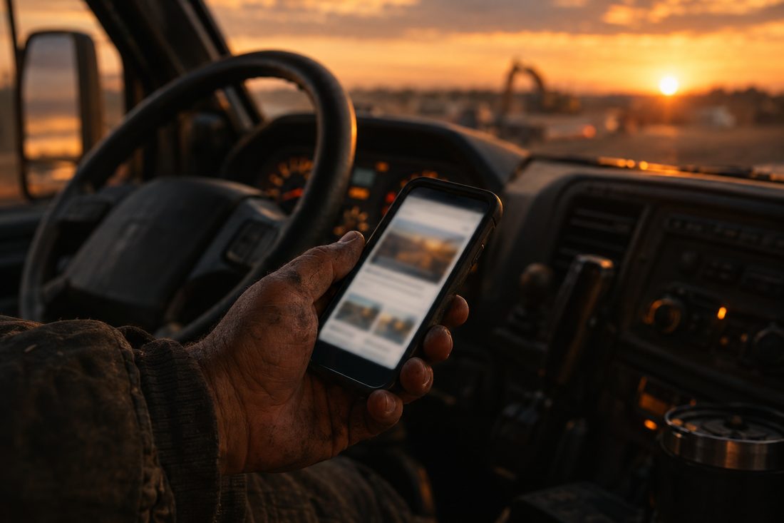 A work-worn hand holding a phone in the cab of a truck at dusk, the screen softly glowing