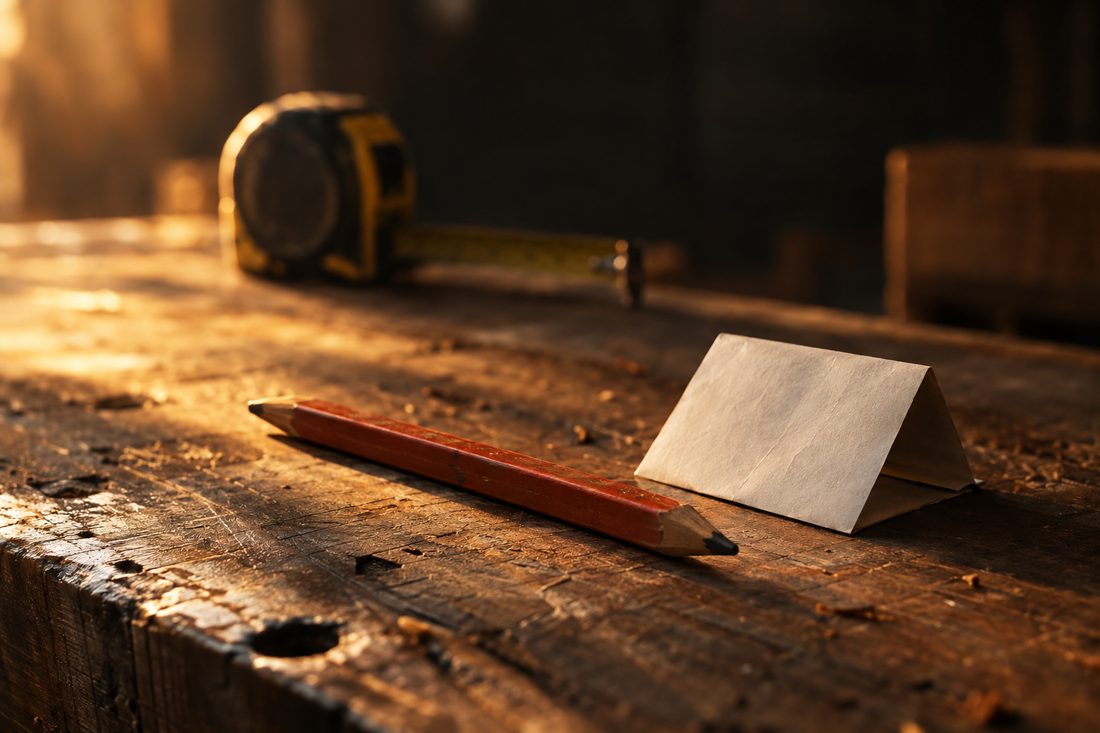 A carpenter's pencil and a folded paper note resting on a worn workbench in warm afternoon light