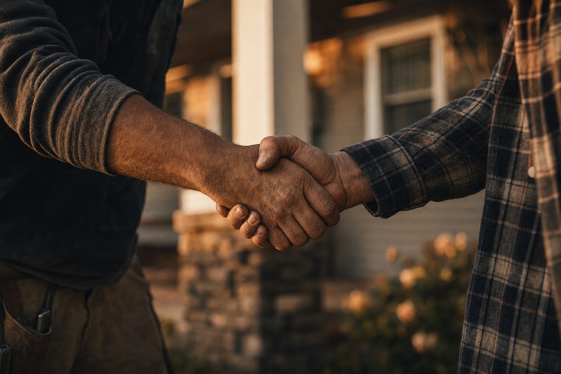 A weathered hand shaking a customer's hand on a porch in warm afternoon light after a finished job