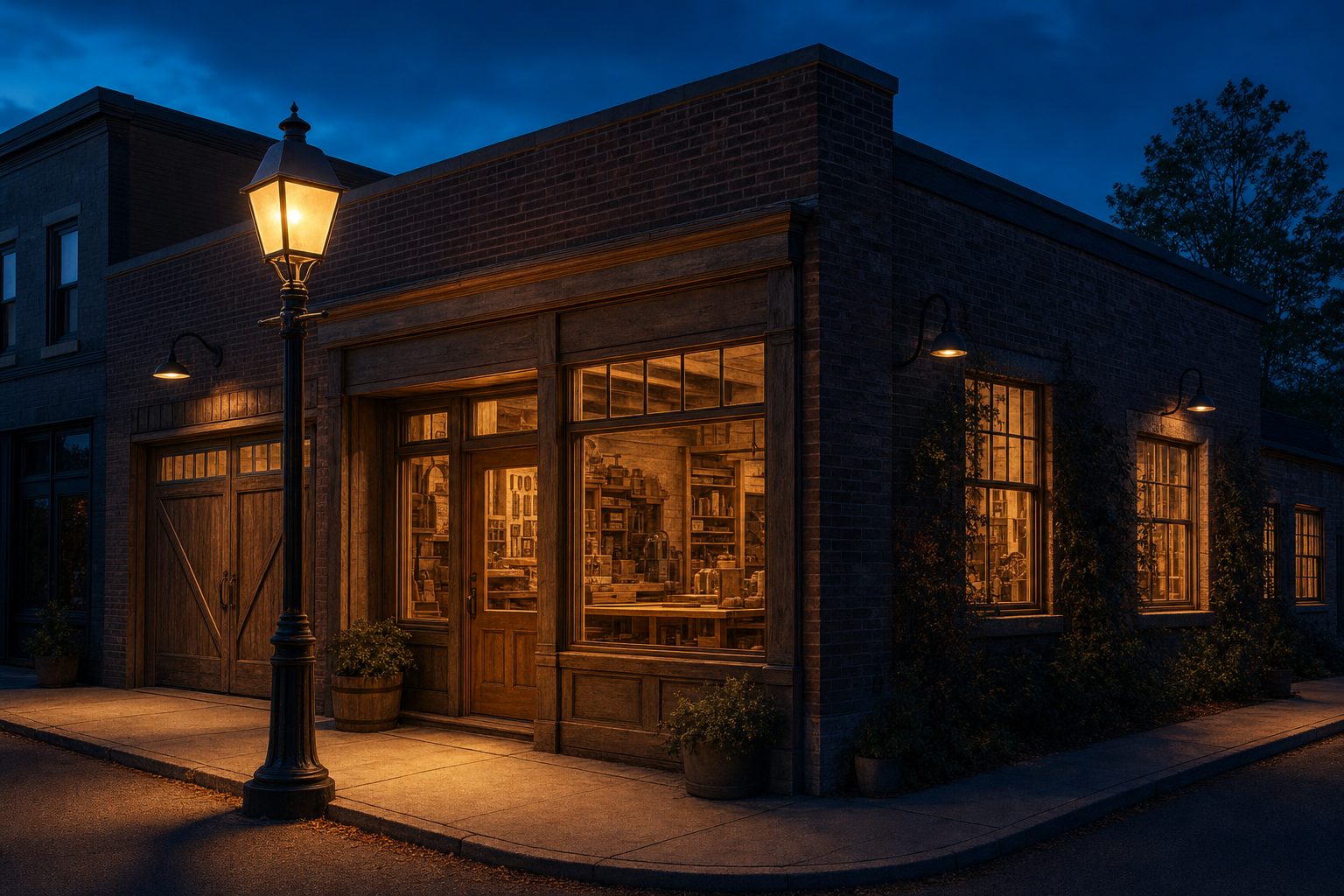 A warmly lit shop at dusk with a glowing street lamp