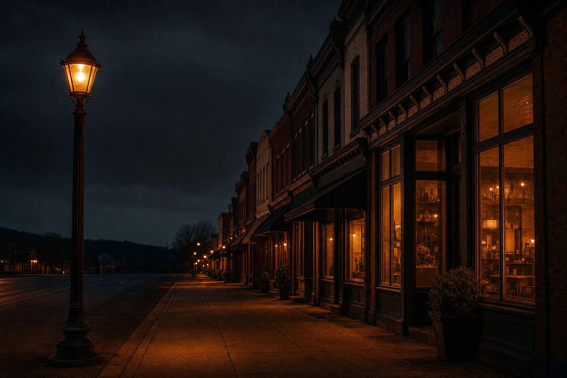 A warm-lit local main street at dusk, storefronts glowing under a streetlamp