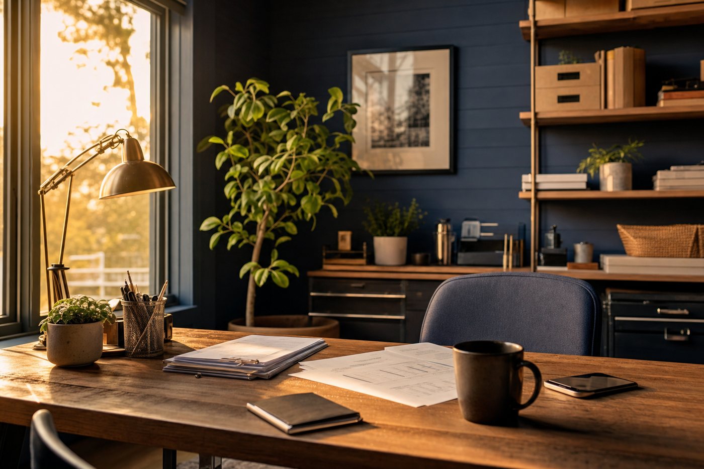 A calm, organized small-business owner's office at golden hour