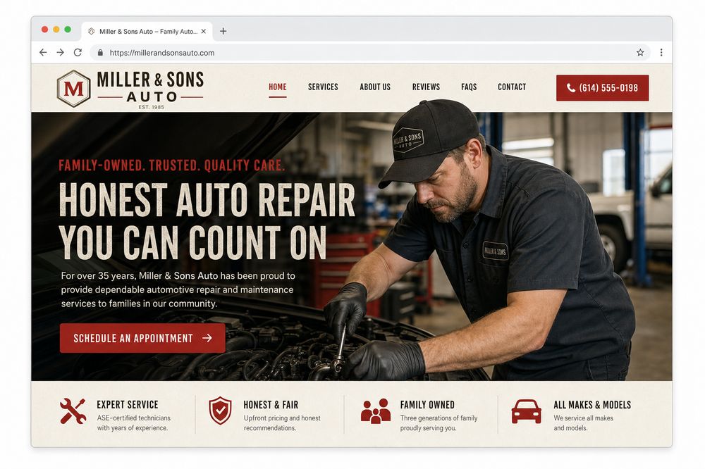 Homepage of a website built for a family auto repair shop