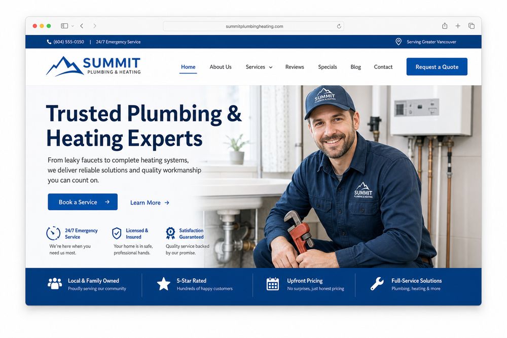 Homepage of a website built for a plumbing and heating company